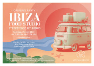 Visual mit altem VW-Bus auf Strand zum Thema IBIZA Food Studio