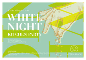 Flyer zur WhiteNight 2023 mit illustrierter Hand und türkis-grünem Hintergrund