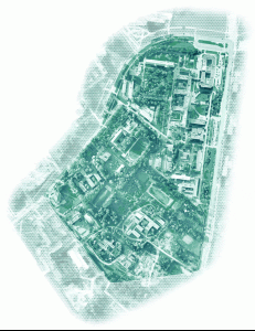 Animierte Überlagerung eines Satellitenbildes mit Bäumen, Straßen und Gebäuden