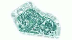 überlagertes Satellitenbild mit Gebäuden, Straßen und Häusern
