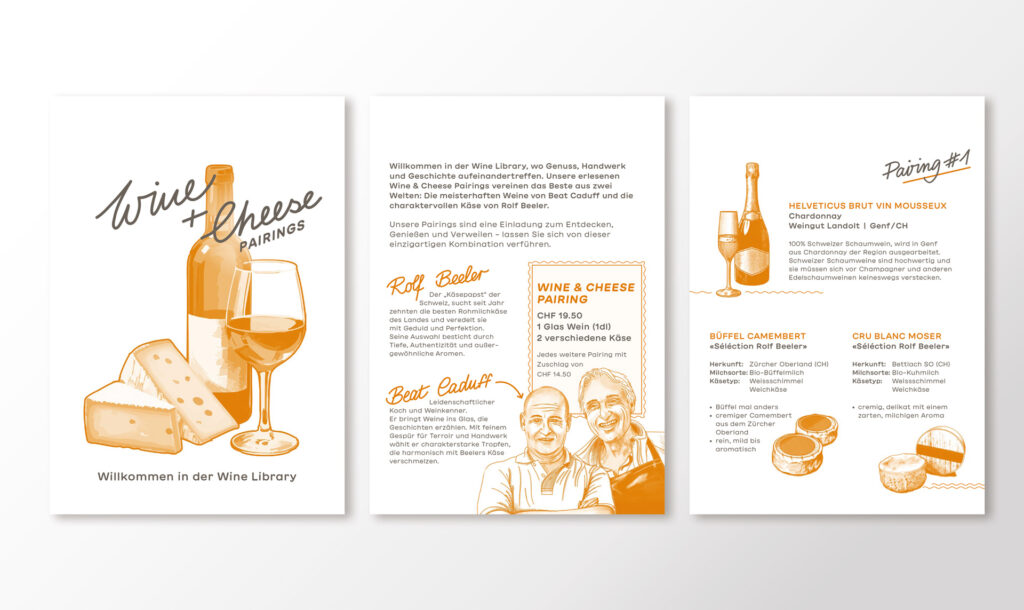 Illustrationen und Layout für eine Wine & Cheese-Karte