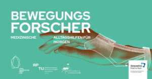 KeyVisual für Bewegungsforscher mit einer Hand und dem Titel des Projekts sowie den Logos der beteiligten Institutionen: OD Pfalz, RPTU und Leibniz-Institut für Verbundwerkstoffe