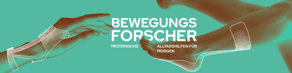 KeyVisual für Bewegungsforscher Beinen, einer Hand und dem Titel des Projekts